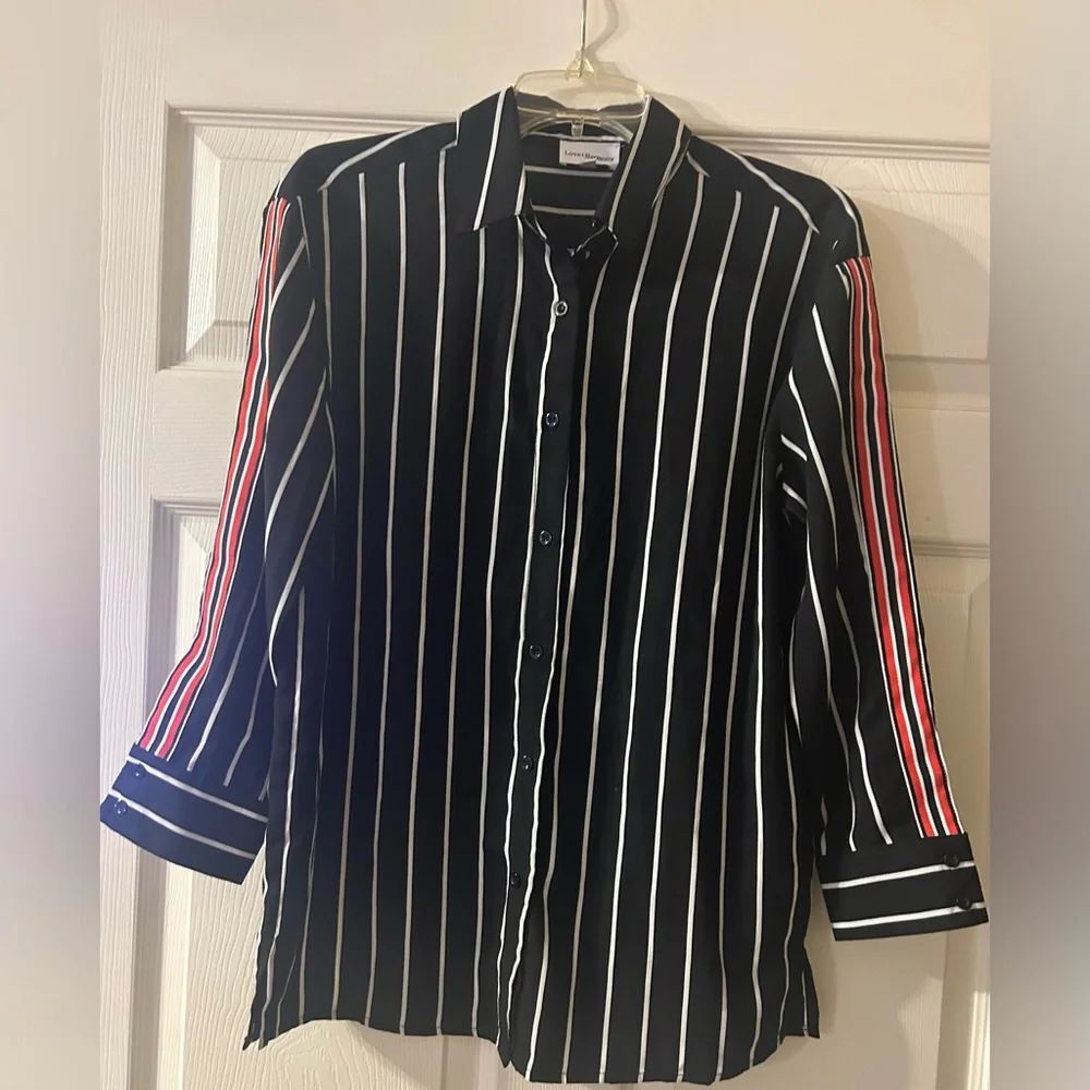 Love & Harmony black, red & white stripe blouse
